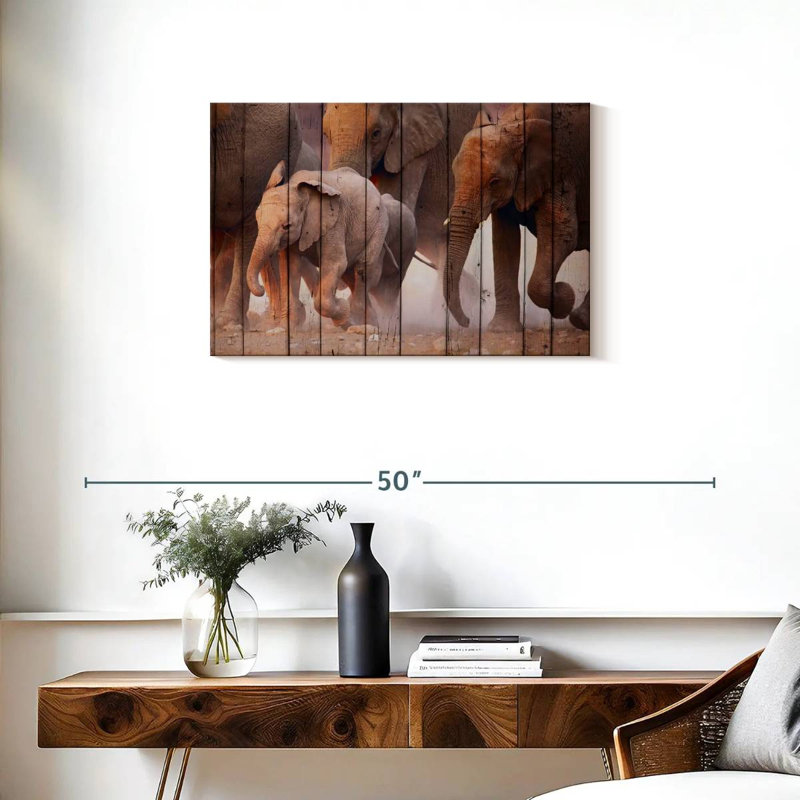 Éléphant Brampt sur la texture du bois, H 20 po x l 30 po