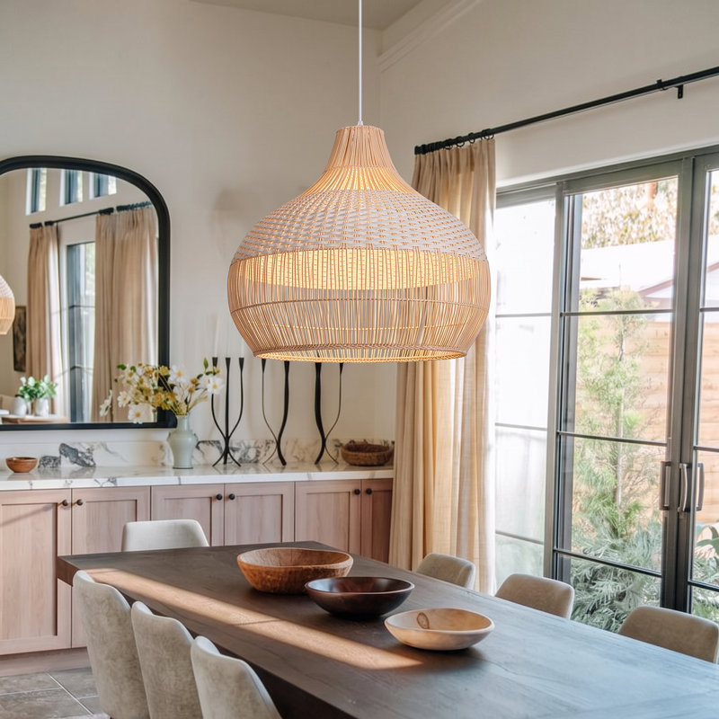 Calpella -Natural and White Rattan Light Pendant, 23.62" H x 23.62" W x 23.62" D