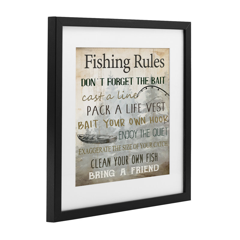 «Fishing Rules Rustic List», reproduction sous verre encadrée, conception de Kim Allen, H 13 po x l 13 po, Cadre noir minuit
