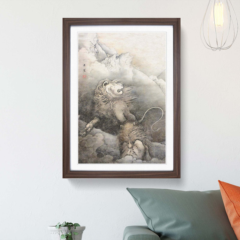 Lions by Kano Hogai - Picture Frame Painting Print, Walnut Framed, 65cm H x 48cm W x 2cm D