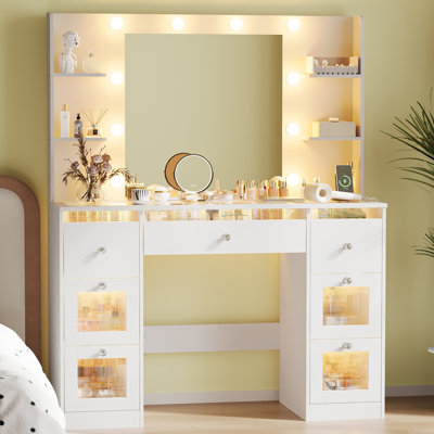 White Makeup Vanity Desk with Lighted Mirror & Glass Top | 7 Lighted Drawers, 4 Shelves & Power Outlet – 3-Color LED Lights, Dressing Table for Bedroom