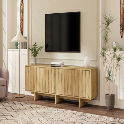 Meuble télé à grain rétro en bois avec porte ondulée pour téléviseur de 75 po ou moins, console média rustique avec amplement d'espace de rangement, meuble télé à base robuste avec gestion des câbles pour le salon