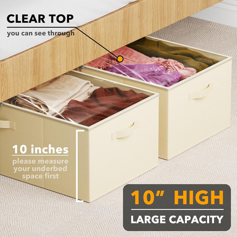 Beige Fabric Stackable Under Bed Storage Containers with Clear Lids