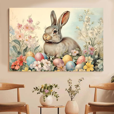 2D Flat, 1Pc Framed Canvas Wall Art, Easter Bunny, Colored Eggs and Flowers, Classical Realistic Style Art Print Canvas Poster Painting Room Wall Decor, Ideal Gift For Bedroom Living Room Hallway Dorm, Ready To Hang