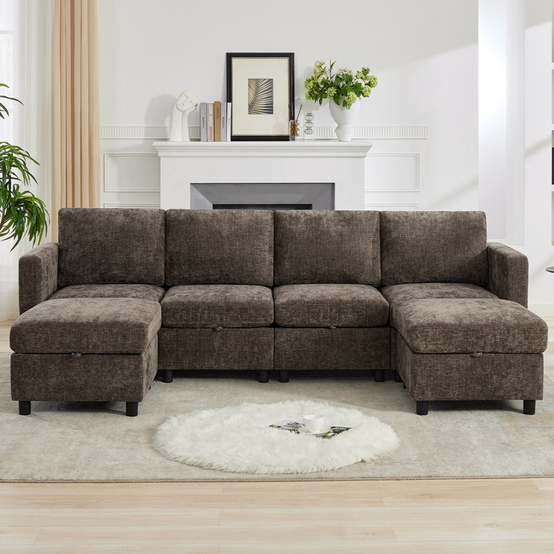 Canapé 6 pièces rembourré en forme de U avec repose-pieds convertible de 107 po sous le siège, Chenille brun
