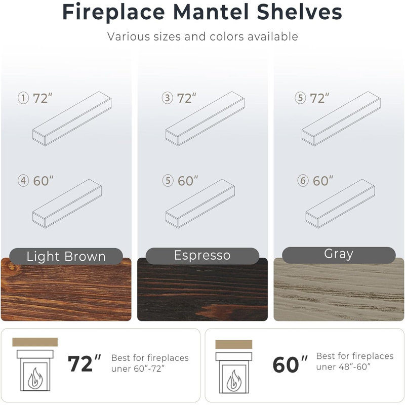 Tablette de manteau de cheminée 60 po, H 6 po x l 9 po x P 72 po, Brun