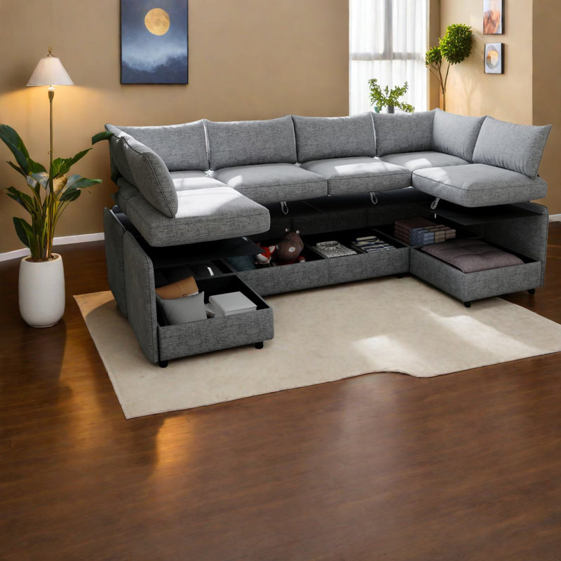 Canapés en chenille gris peu encombrants avec rangement, conception moderne pour les petits espaces de vie