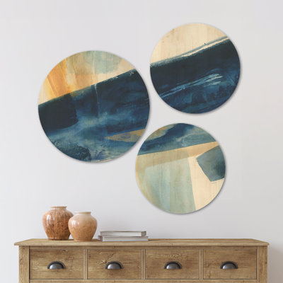 Designart 'Indigo Panel I' Glam Modern Wall Art Print on Natural Wood - 3 Circles Set