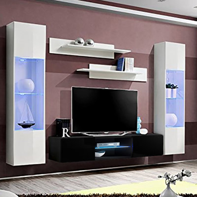 Entertainment 100" Modern Floating Wall Mounted Entertainment Center with 16-Color LED Lighting, High Gloss Finish