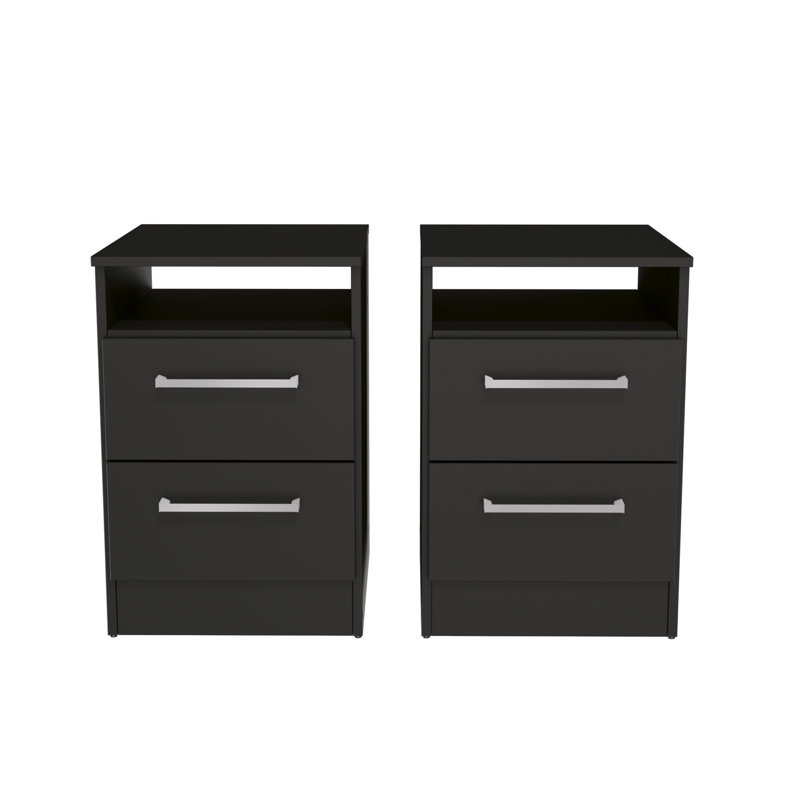 Miami Set of 2 Modern 2-Drawer Nightstands with Open Niche – W15.75", Black