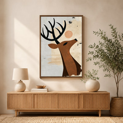 Stylized Deer Head Noble Antlers Serene Expression Canvas Wall Art Print with Floating Frame, Ready to Hang