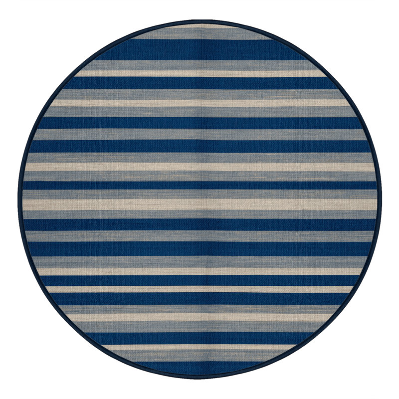 Washable Cobalt Light Gray Striped Area Rug, Round 8'
