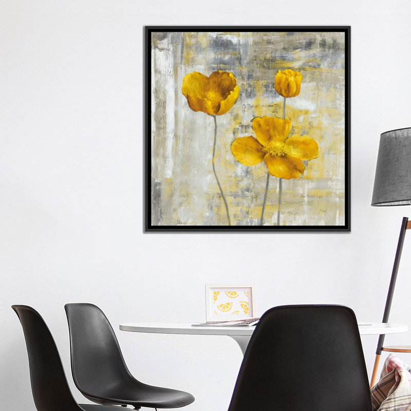 « yellow fleurs ii », impression sur toile, H 18 po x l 18 po x P 1,5 po, Toile avec cadre noir, Pas de tapis