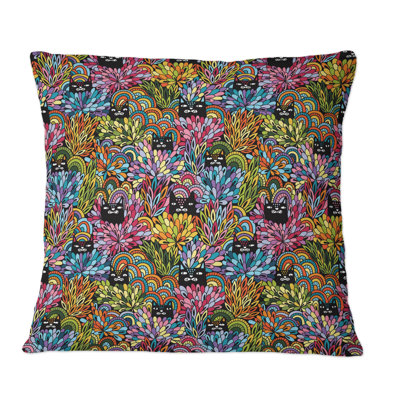 Black Cats Looking Out Of The Bushes - Patterned Printed Throw Pillow