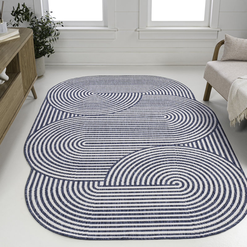 Tapis intérieur / extérieur crème / bleu marine à rayures géométriques Octaviah, Nouveauté 7 pi 9 po x 10 pi