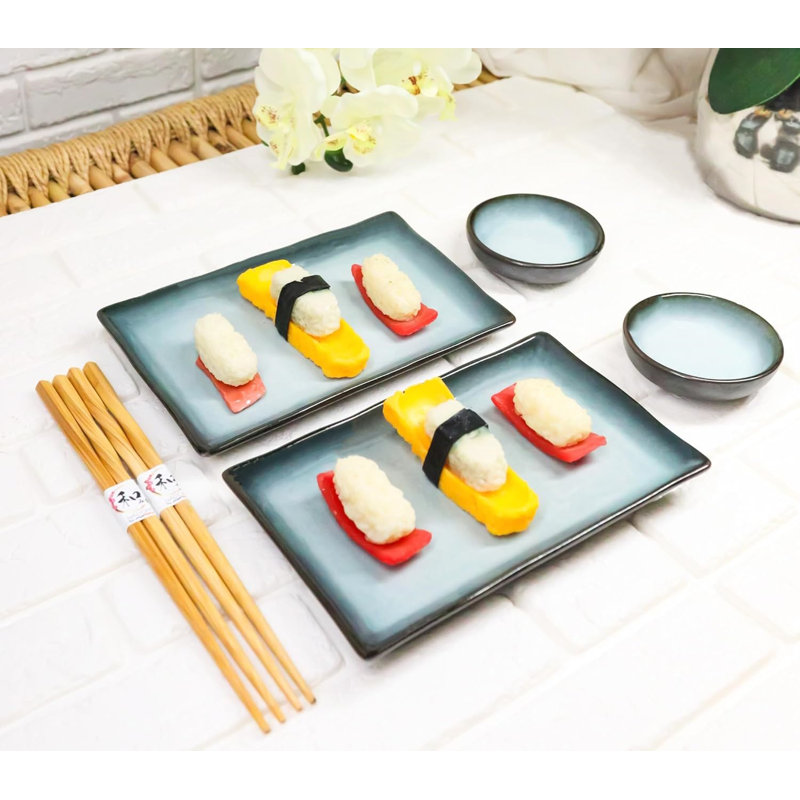 Seikai Sky Porcelain Sushi Plates Sauce Dishes Chopsticks Dinnerware Set For 2, Teal