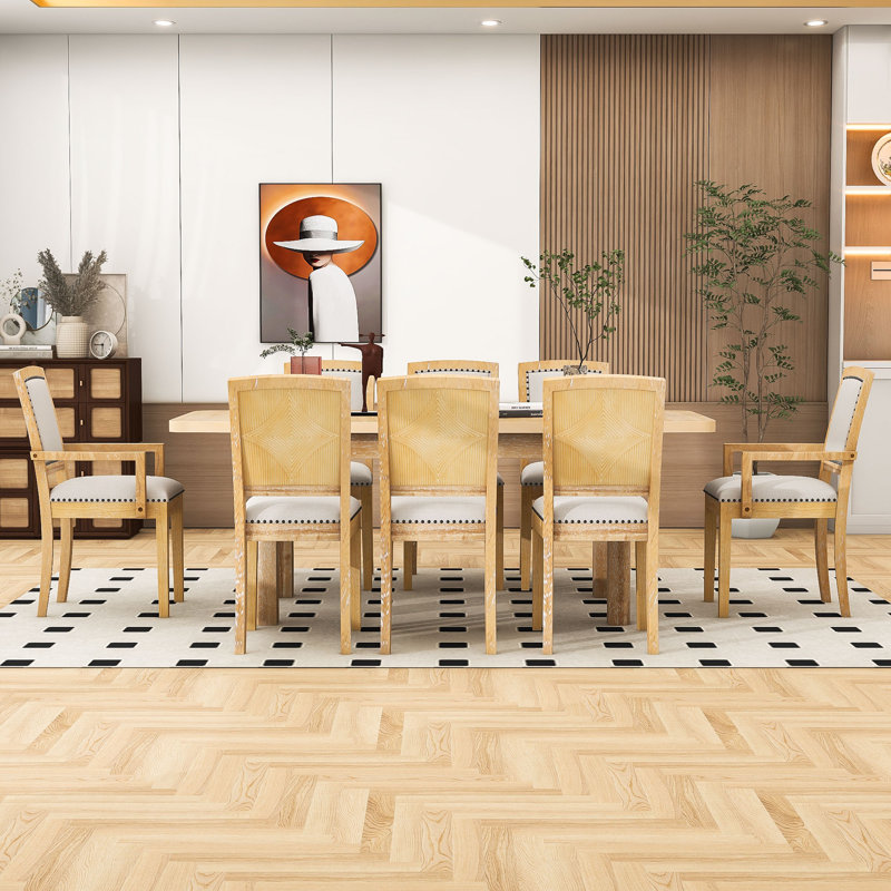 Bastrie 9 Pcs Dining Table Set, Extendable Table with Removable Leaf, 6 Armless and 2 Arm Chairs, Natural