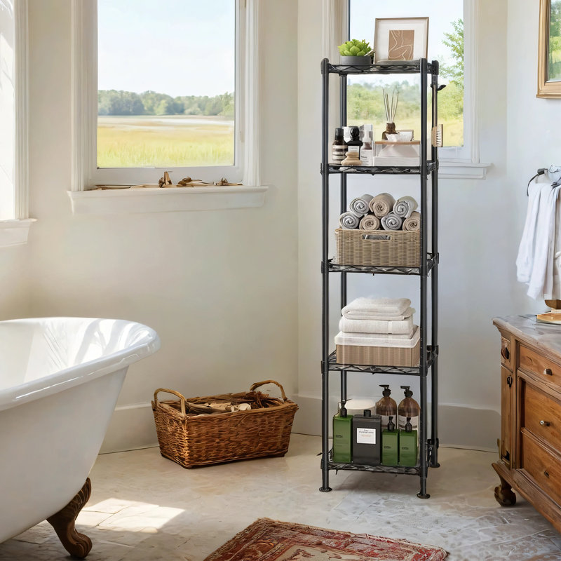 Étagère de salle de bain à 5 niveaux, support de rangement pour petits espaces, avec 5 doublures de tablette en PP, crochet amovible, conception extensible