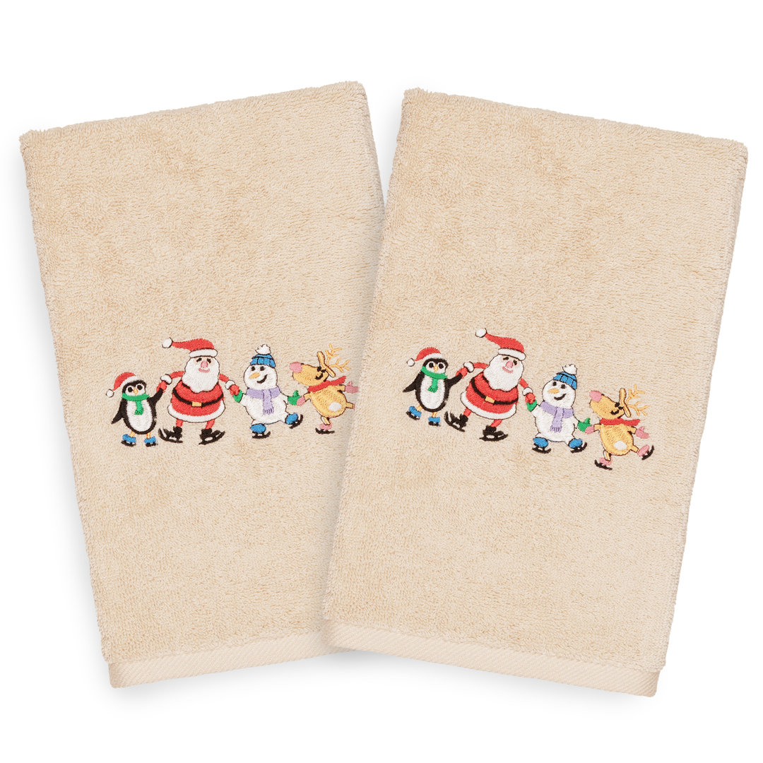 Christmas Skating Party Embroidered Luxury Turkish Cotton Hand Towel (Set of 2) Linum Home Textiles 