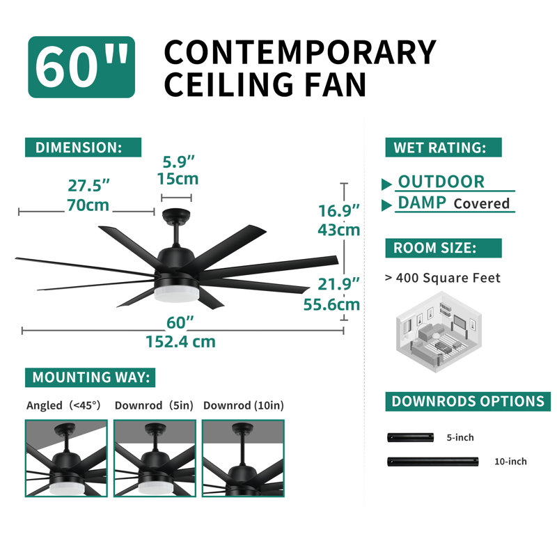 Ventilateur de plafond 60 po noir avec lumière DEL et télécommande - moteur CC à 8 pales, à intensité variable et réversible