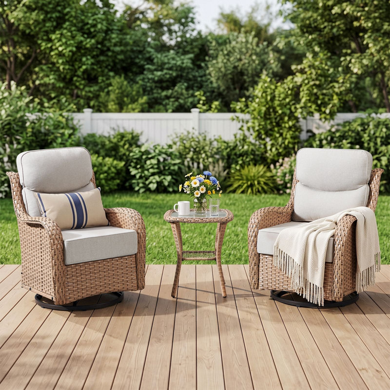 Ensemble de 3 fauteuils pivotants et berçants Abbey pour patio, avec table d'appoint, coussins ultra-moelleux de 15 cm et tissu oléfine résistant à l'eau