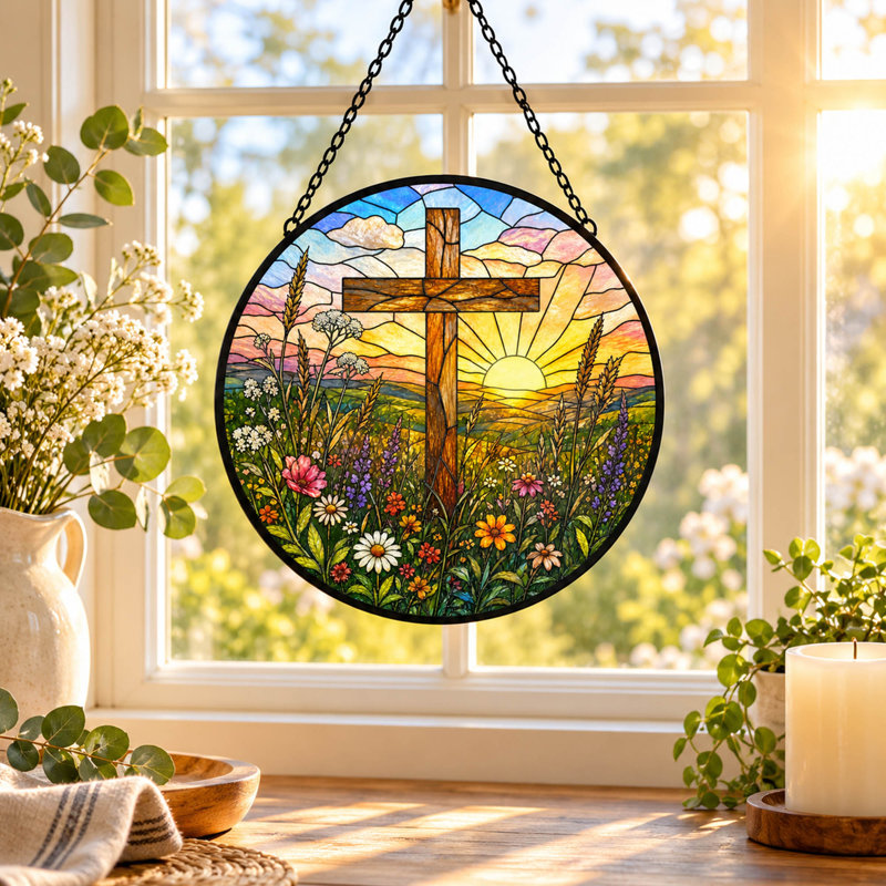 Stained Glass Cross Suncatcher Window Hanging Ornament