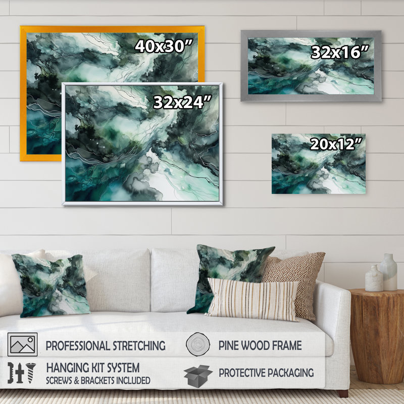 «Green Blue Marbré Dreamscape III», reproduction sur toile, H 24 po x l 32 po x P 1 po, Cadre flottant noir