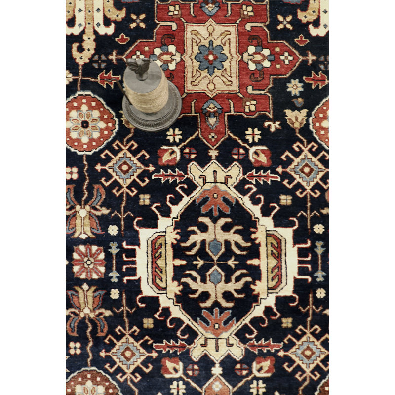 Azerbaijan Hand Knotted Wool Oriental Area Rug in Navy / Rust, Rectangle 7'9" x 10'3"