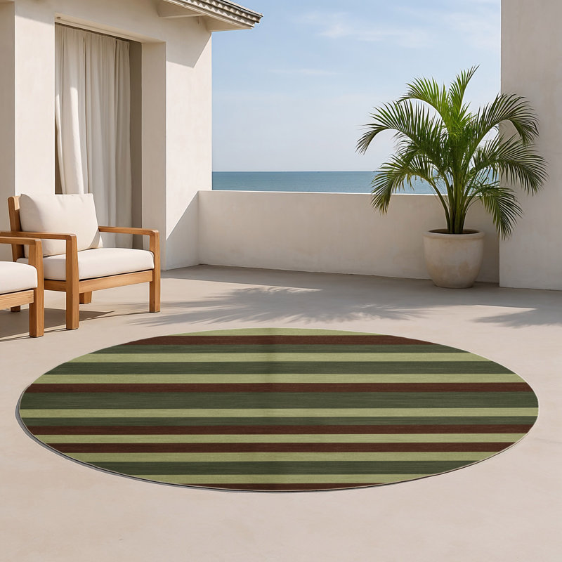 Tapis intérieur / extérieur brun HorizontalStripes, Rond 5 pi