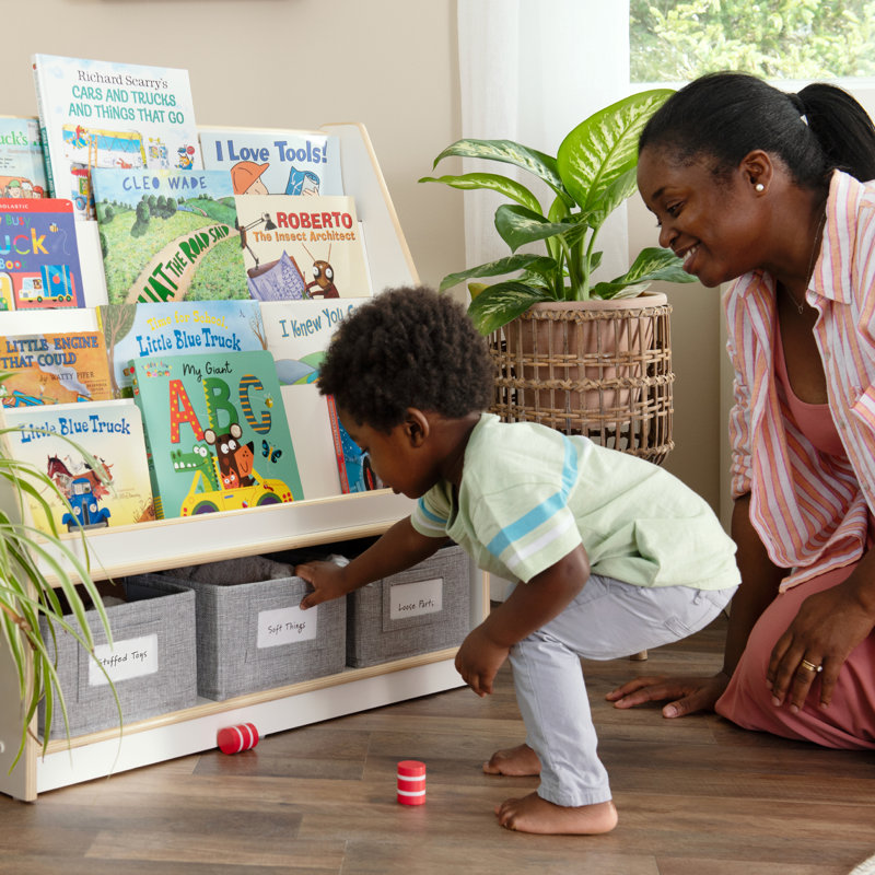 White Wooden Kids Book and Bin Display with Storage Bins