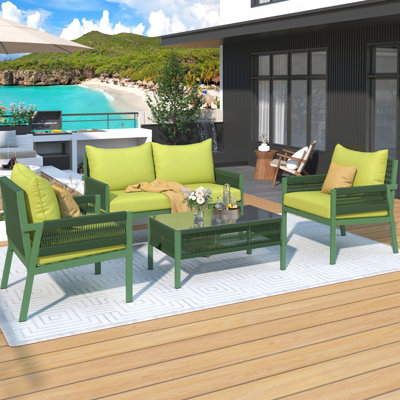 Patio de luxe pour l'extérieur - 4 avec coussins de siège et de dossier épais et table en verre trempé jaune fluorescent