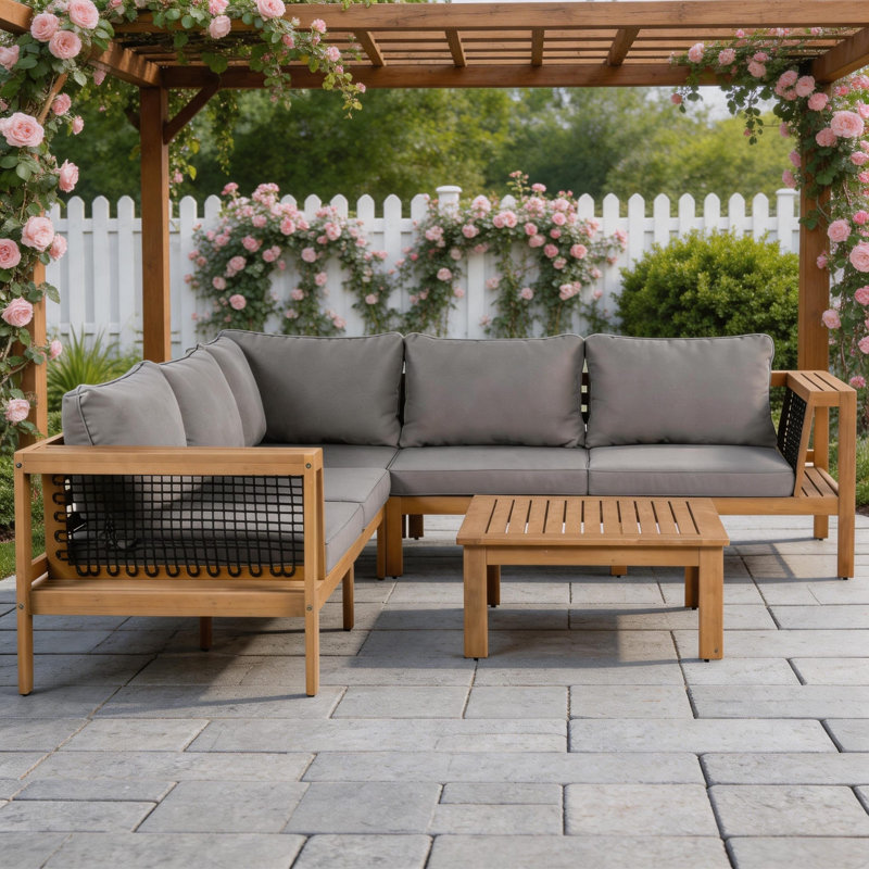 Canapé d'angle en L 4 pièces en bois d'acacia avec table basse
