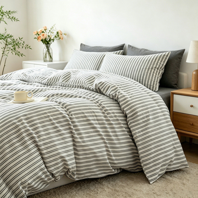 Ensemble de housse de couette en coton lavé rayé 100% coton, King Duvet Cover + 2 Pillowcases, White/Black Striped