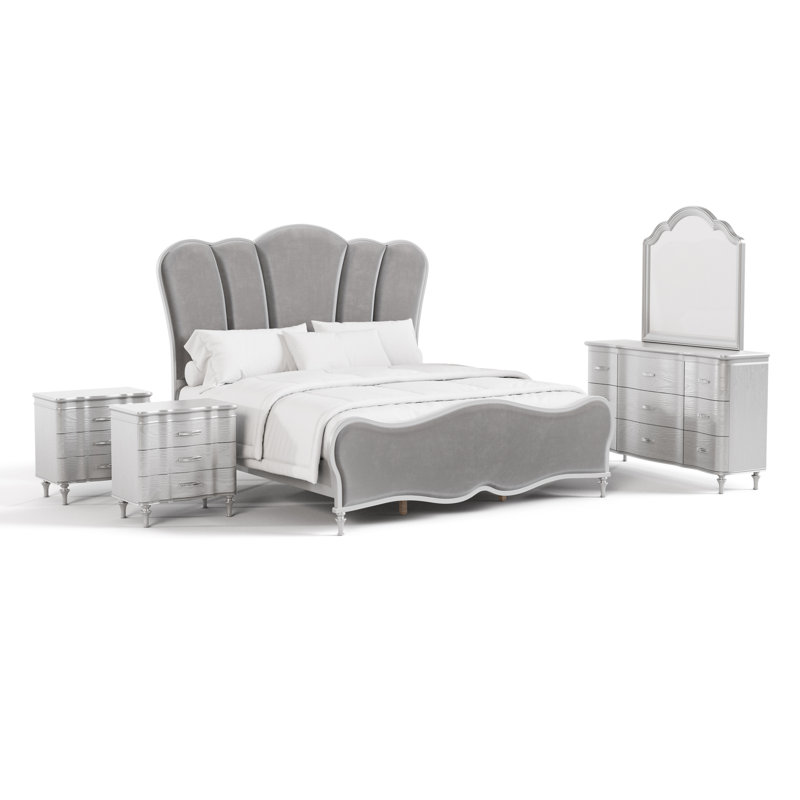 Ensemble de chambre à coucher 6 pièces, Gris, Très grand, King