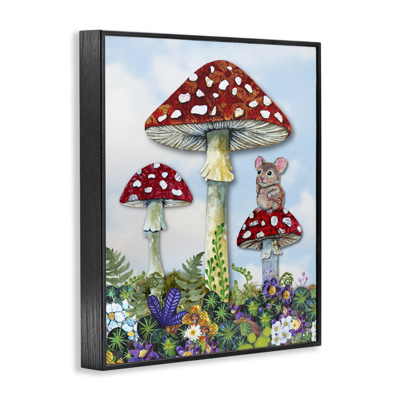 Souris perchée sur champignon, estampe numérique, conception par Lisa Morales, H 14 po x l 11 po, Giclée encadrée noir minuit
