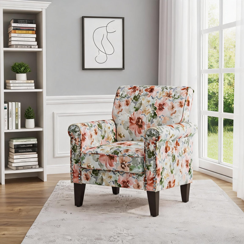Fauteuil d'appoint compact avec garniture cloutée florale avec pieds en bois massif, revêtement en polyester vert classique
