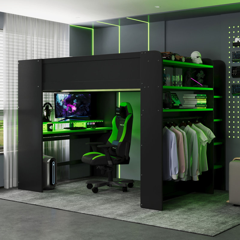  Lit mezzanine double avec bureau réglable, rangement pour garde-robe et éclairage RVB, vert, Vert