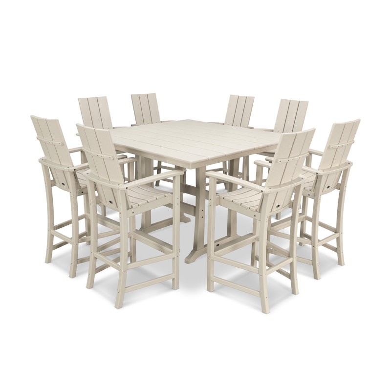 POLYWOOD Modern Adirondack 9-Piece Farmhouse Trestle Bar Set, Sand