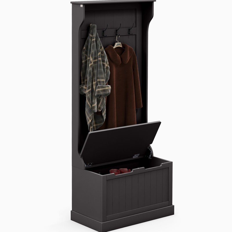 28" 3-In-1 Entryway Hall Tree With Storage Bench, Coat Rack With Four Hooks And Shoe Storage, Black