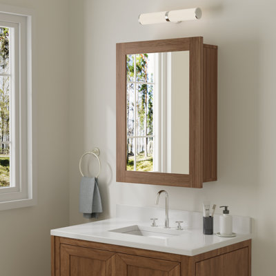 24" W X 30" H Wide Frame Walnut Wood Medicine Cabinet with Mirror, Adjustable Shelves, Soft-Close Hinges and Reversible Door, Wall-Mount or Recessed for Makeup, Shaving or Bathroom Vanity Storage