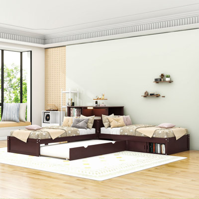 Twin Wooden Platform Bed with LED Light and Trundle and Cabinets