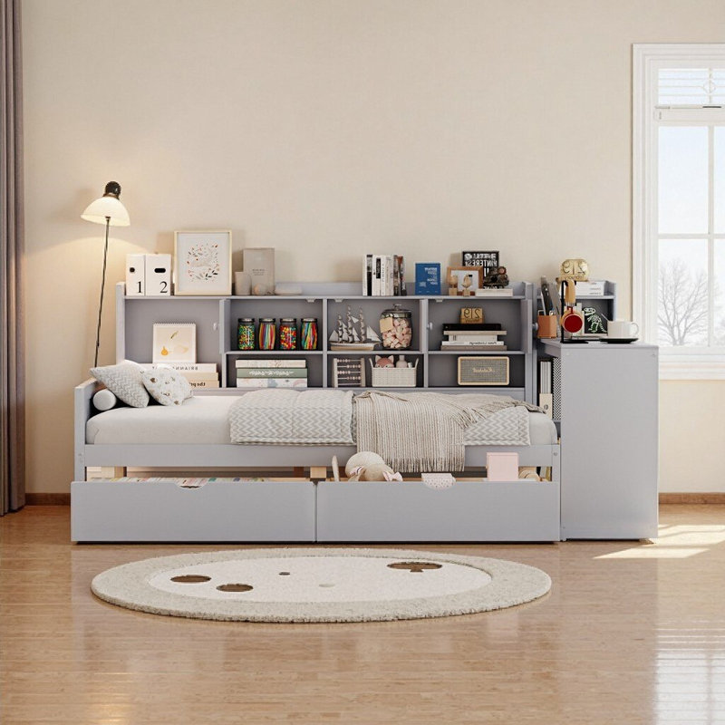 Gray Full Size L-Shape Daybed with Storage Cabinets, Study Desk & Bookshelf - Space-Saving Multi-Functional Bed, Gray