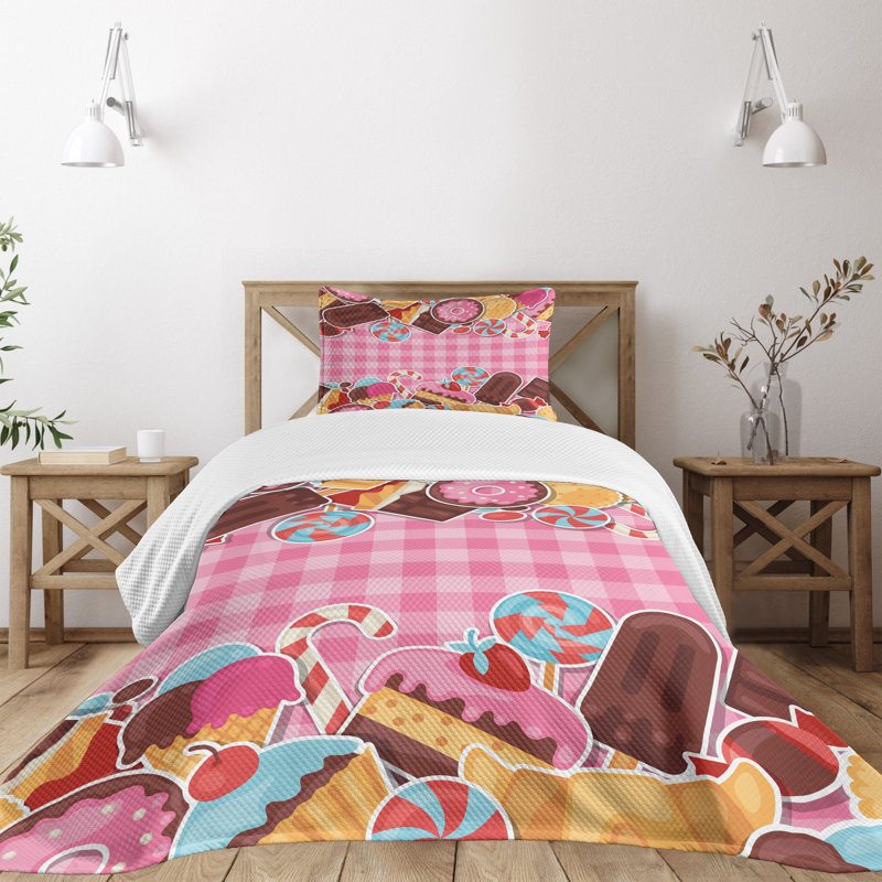 Pink and White Candy-Themed Twin Bedspread Set
