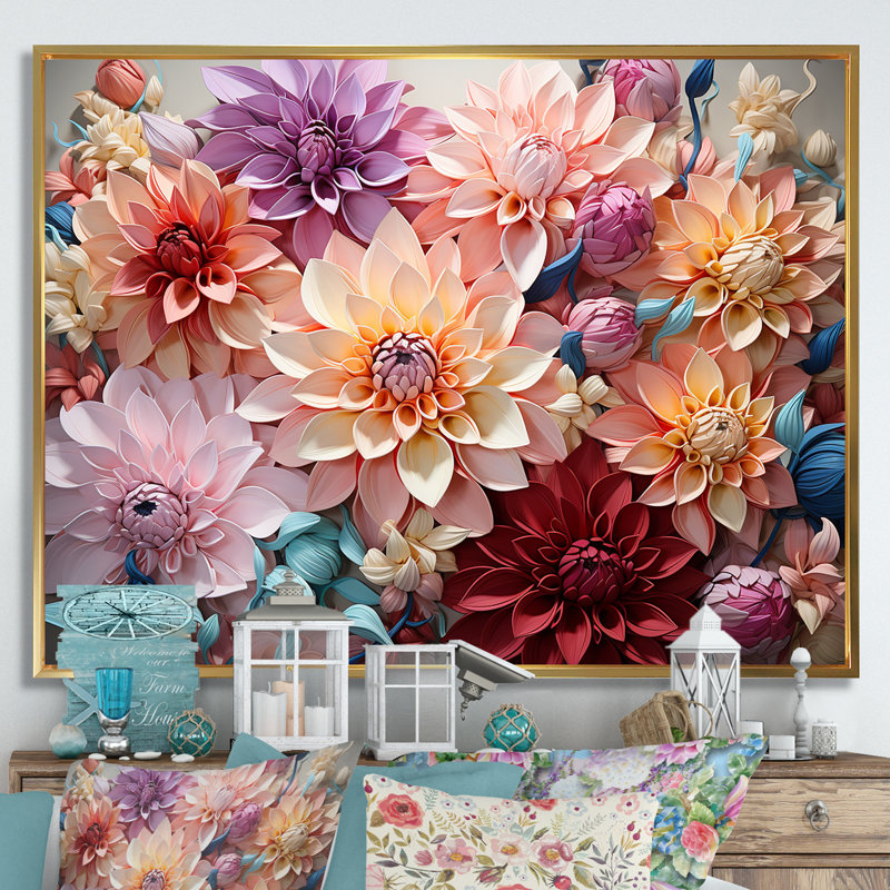 «Dahlia Reflection Flowers Field» sur impression sur toile, Cadre flottant doré, H 24 po x l 32 po x P 0,5 po