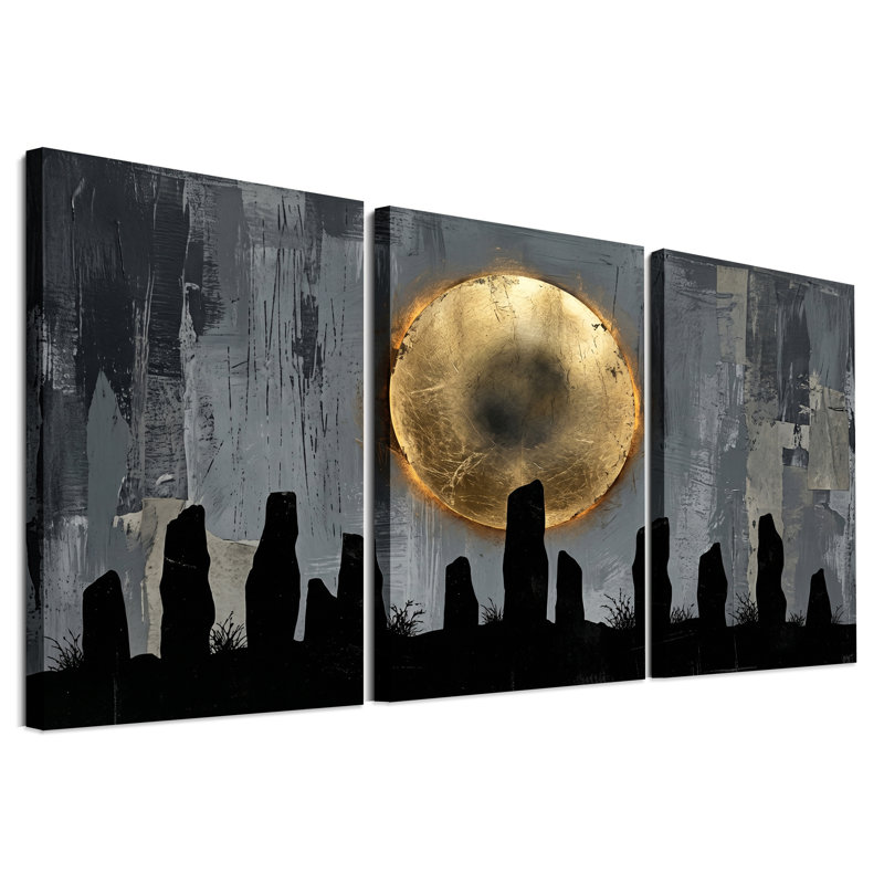 Disque doré sur pierre, ensemble de 3 toiles grises, H 30 po x l 20 po x 3 pièces