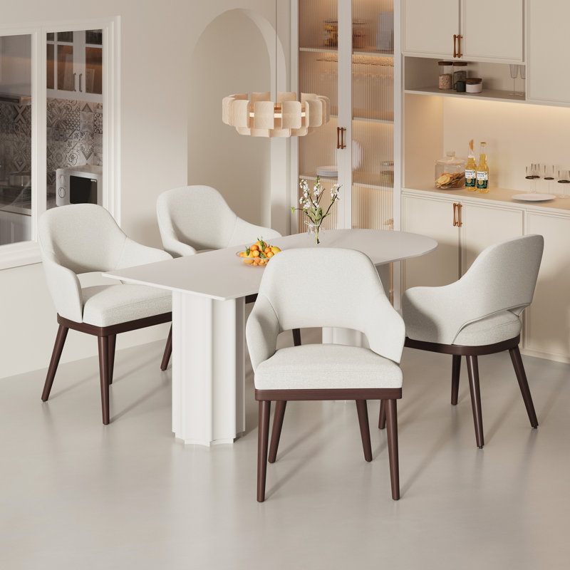 Modern Upholstered Dining Chair with Walnut Wood Legs, Beige, Dark Brown Wood