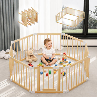 Grand parc en bois pliable - Barrière de bébé réglable en bois de pin massif avec porte, clôture de sécurité portable pour bébés et tout-petits (10 panneaux)