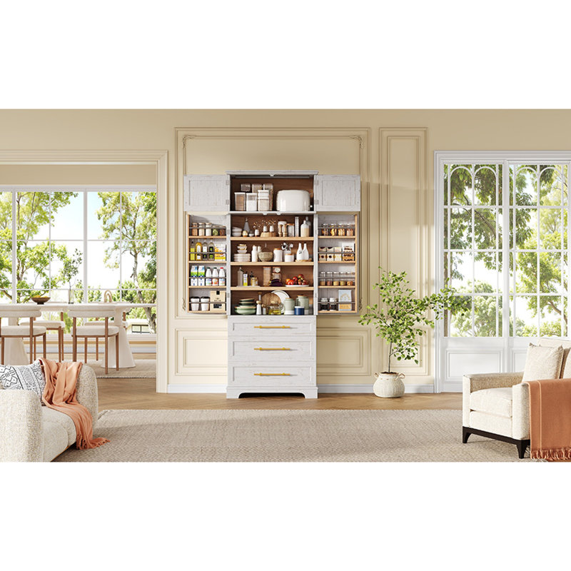 Armoire de cuisine de campagne de 78,2 po de hauteur avec 8 tablettes de porte, armoire de rangement avec 3 tablettes réglables, 3 grands tiroirs, armoire polyvalente