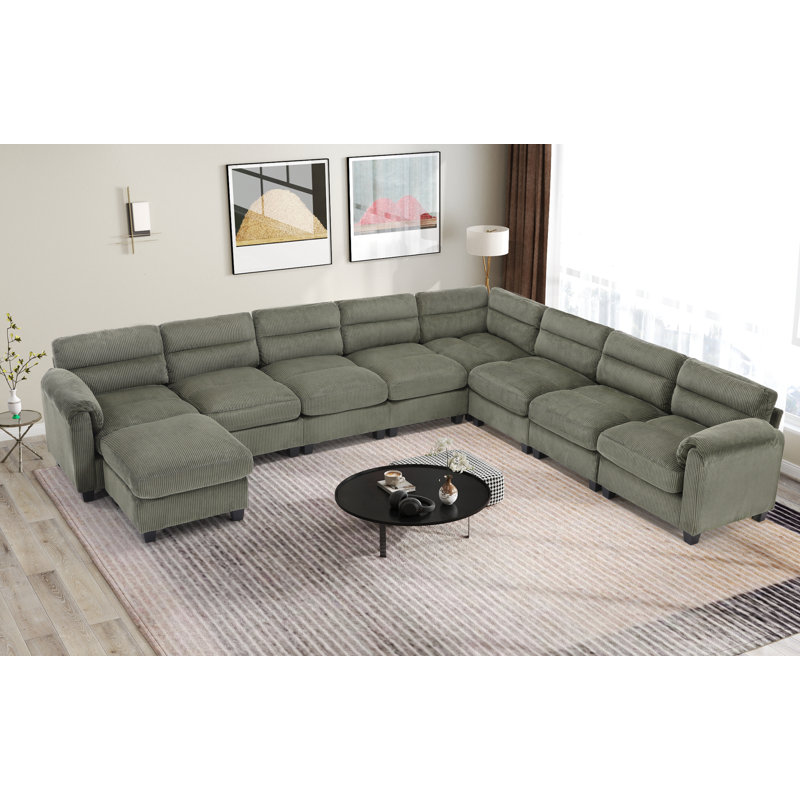 Dona 10-Piece Corduroy Upholstered Modular Sectional, 2 Ottomans, Pillowtop Arm, Green Corduroy