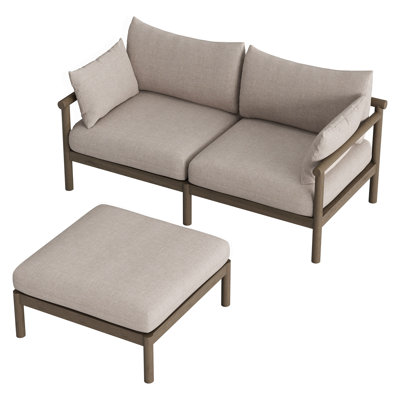 Eleni 2-Piece Outdoor Teak Wood Loveseat with Ottoman Set in Weathered Gray Pebble